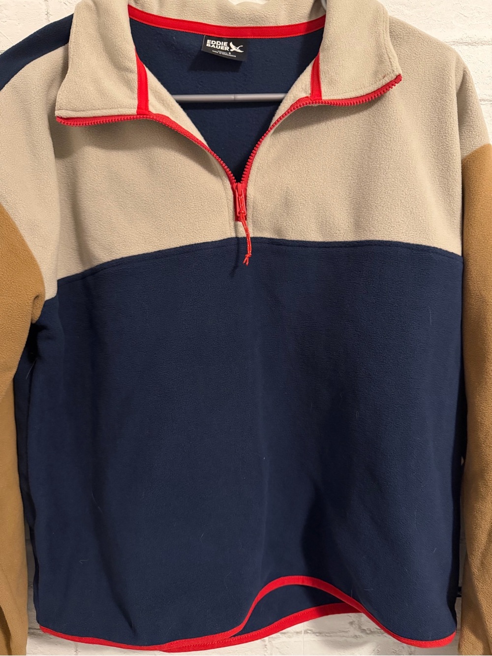 Eddie Bauer Zip Fleece Pullover - Navy/Cream/Tan with Red Trim